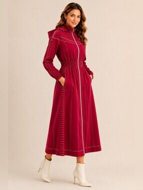 Valentino Red With White Stitching Jersey Hooded Midi Dress, Size 4, NWT